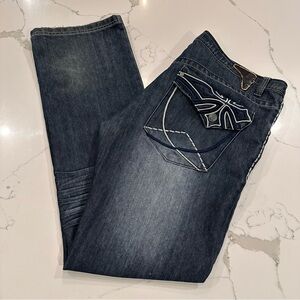 96 North Jeans Mens Y2K Slim Straight Embroidered 40 x 34 Hip Hop Distressed